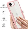 A hand is shown touching a pink and clear phone case, with icons and text describing its features. Produktbild-Vorschau