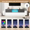 A collage showing a modern white and gray TV stand with blue LED lighting, and several app interface mockups showcasing different lighting control features. Náhľad obrázku produktu