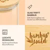A collage of images showcasing glass jars with bamboo lids, highlighting features like material combination, ease of cleaning, and branding. Produktbild-Vorschau