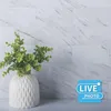 Weiße Marmor-Aufklebewandfliesen mit strukturierter Oberfläche, an einer Wand hinter einer weißen Vase mit einer grünen Pflanze angeordnet Produktbild-Vorschau