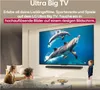 A family is watching a large TV screen displaying dolphins. The room is modern and well-lit. Voir les images du produit