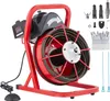 A red and black pipe cleaning machine with a coiled cable and various accessories laid out. Podgląd zdjęcia produktu