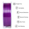 A spool of purple filament for a 3D printer is shown next to a list of its features. Produktbild-Vorschau