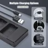 A product image showcasing a camera battery charger and its multiple charging options. Náhled obrázku produktu