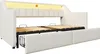 A white daybed with its pull-out bed and storage drawers extended, showing the slatted bed bases and the interior of the drawers. Voir les images du produit