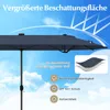 A close-up view of a dark gray rectangular umbrella canopy against a bright blue sky with clouds. Text overlays and icons highlight product features. Produktbild-Vorschau