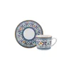 A coffee cup and saucer with intricate blue and yellow floral patterns, set against a white background. Produktbild-Vorschau