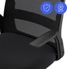 A close-up view of a black office chair, focusing on the armrest and part of the seat and backrest. Two blue circular icons with white line drawings are visible on the upper right portion of the chair's backrest. Podgląd zdjęcia produktu