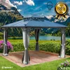A gazebo set up on a wooden deck in a scenic outdoor environment with mountains and a lake in the background. Produktbild-Vorschau
