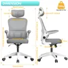 A size chart and product dimensions for an ergonomic office chair, shown from front and side views. Voir les images du produit