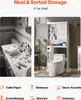 A split image showing a cluttered bathroom vanity on the left and a neat, organized bathroom storage unit over a toilet on the right, with feature icons at the bottom. Náhled obrázku produktu