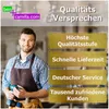 A man in an apron holding a drill, with marketing text overlays about quality. Produktbild-Vorschau