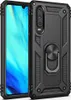 A black protective phone case with a rotating ring holder is shown next to a smartphone. Produktbild-Vorschau