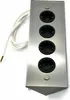 A silver power strip with four outlets and a white cord is shown against a white background. Produktbild-Vorschau