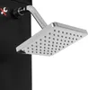 A close-up of a shower head and arm attached to a black shower tower. Produktbild-Vorschau