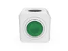 A white cube-shaped power strip with a green button on the front. Produktbild-Vorschau