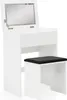 A white vanity table with a mirror and a black stool. Produktbild-Vorschau