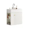 A white bathroom vanity with a sink and faucet, featuring open shelving and a fluted cabinet door with a gold handle. Voir les images du produit