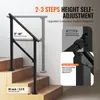 A black handrail is shown installed on a set of wooden stairs, with text overlays highlighting its features and adjustments. Podgląd zdjęcia produktu