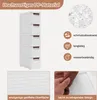 A product image showcasing a white narrow storage cabinet with multiple drawers, accompanied by feature highlights and close-up views of the material and surface. Produktbild-Vorschau