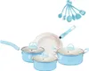A set of light blue pots and pans with a speckled white interior, along with a set of light blue kitchen utensils hanging above. Náhled obrázku produktu