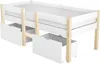 A white and natural wood children's loft bed with two drawers underneath, shown from a side-front angle against a white background. Anteprima dell’immagine prodotto
