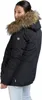 A woman wearing a black winter jacket with a fur-lined hood. Produktbild-Vorschau