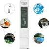A collage of images showing a TDS meter and various water sources, including a tap filling a glass, a water bottle, a waterfall, a swimming pool, and an aquarium. Náhled obrázku produktu