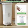 A white kitchen trash can with multiple compartments and a pedal is shown in a kitchen setting. Inset images highlight features like easy opening and hanging hooks for trash bags. Anteprima dell’immagine prodotto