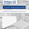 A marketing image showcasing material options with text overlays and product samples. Produktbild-Vorschau