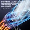 A close-up of a portable fan emitting cool blue air, with promotional text overlaid. Produktbild-Vorschau