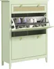 A light green shoe cabinet with two flip-down compartments and a drawer, displaying shoes inside. Voir les images du produit