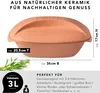 A terracotta cooking pot with dimensions and usage suggestions. Produktbild-Vorschau