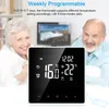 A smart thermostat is displayed in front of a smiling elderly couple, with text overlays describing its features. Náhľad obrázku produktu
