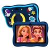 A blue tablet with a space-themed protective case, displaying cartoon characters on its screen. Produktbild-Vorschau