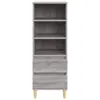 A tall, narrow gray highboard with three shelves and two drawers, standing on four wooden legs, against a white background. Náhľad obrázku produktu