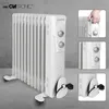 A collage showing a white oil-filled radiator from different angles and with a hand demonstrating its portability. Náhled obrázku produktu