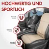 A car interior with a beige seat cover on the driver's seat, featuring marketing text and icons. Produktbild-Vorschau
