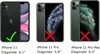 Three iPhones are shown side-by-side with text indicating their model and screen size. Produktbild-Vorschau