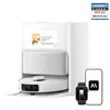 A white robot vacuum cleaner with a docking station, a smartwatch, and a smartphone are displayed against a white background. Produktbild-Vorschau