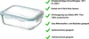 A glass food container with a blue lid, shown from a diagonal angle, with a list of features on the right side. Produktbild-Vorschau