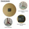 Collage of images showing details of a wall clock, including its back, a close-up of the clock face with a sailboat motif, and the clock mechanism. Produktbild-Vorschau