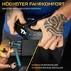 A close-up of hands holding a part of a fitness bike, with text overlays highlighting features and dimensions. Produktbild-Vorschau