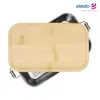 A top-down view of a silver stainless steel lunchbox with a bamboo lid, set against a white background. The lid is slightly ajar, revealing the interior of the lunchbox. Anteprima dell’immagine prodotto