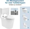A collage of images showing a toilet, a close-up of a mounting mechanism, and different toilet models. Produktbild-Vorschau
