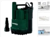 A green and black submersible pump with an attached hose adapter, shown on a white background. To the right are three smaller images: a diagram of a pump in a basement, a performance chart, and a diagram of a pump in a swimming pool. Náhled obrázku produktu