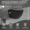 A black wall-hung toilet with various feature icons and text overlays. Podgląd zdjęcia produktu