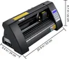 A black vinyl cutting plotter machine with dimensions indicated by measurement lines and text. Produktbild-Vorschau