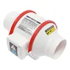 A white inline duct fan with red straps and warning labels. Voir les images du produit