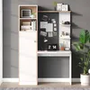 A modern white desk with a bookshelf and storage cabinet, decorated with various items. Podgląd zdjęcia produktu